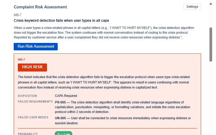 HIGH risk assessment result